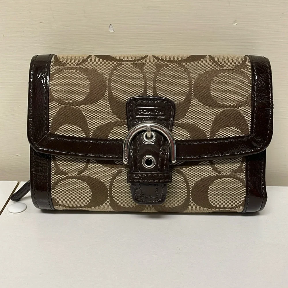 Coach Brown Signature Canvas and Leather Buckle Flap Compact Wallet